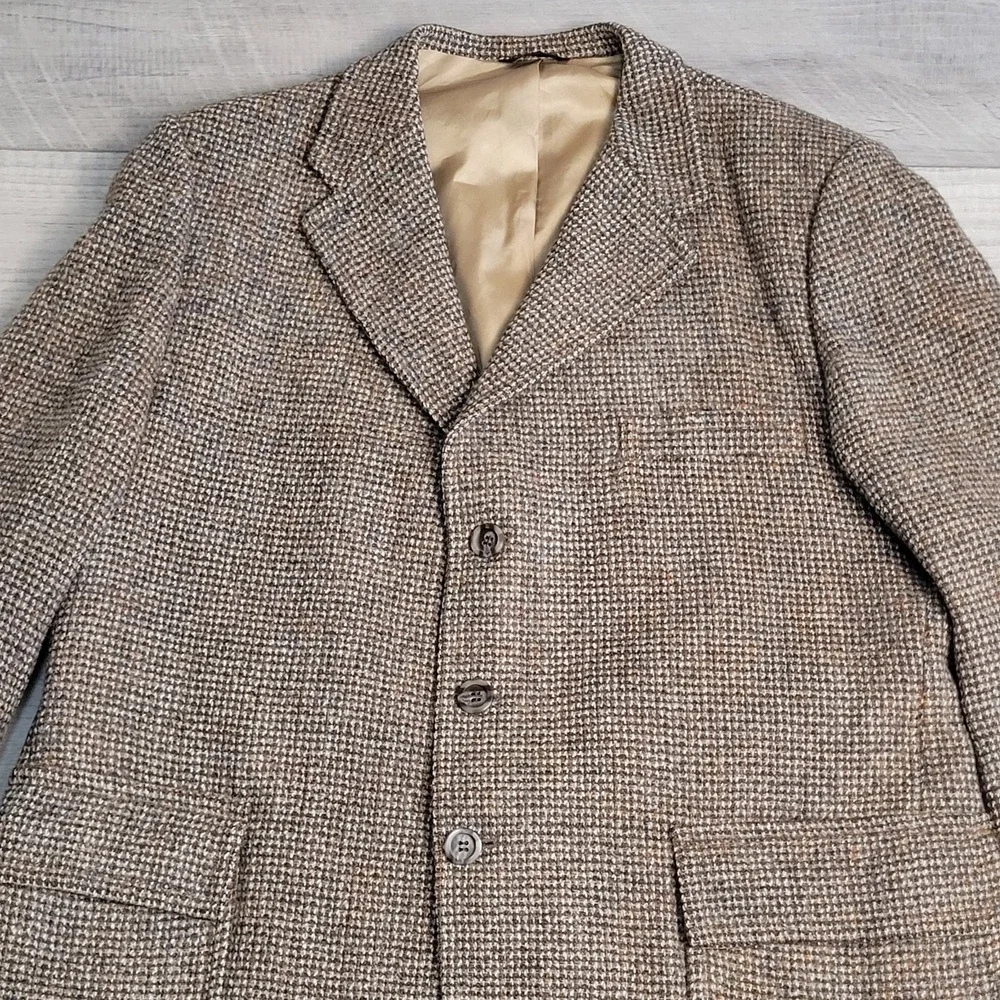 🐑Vintage 1970s Harris Tweed Blazer Men 44R Brown Houndstooth 100% Scottish Wool